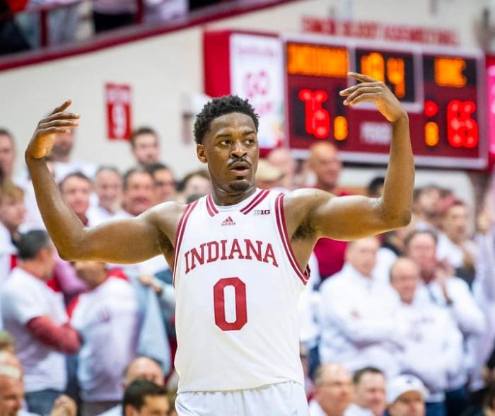 Indiana's Xavier Johnson (0) tries to get the crowd excited during the Indiana versus North Carolina men's basketball game at Simon Skjodt Assembly Hall on Wednesday, Nov. 30, 2022.